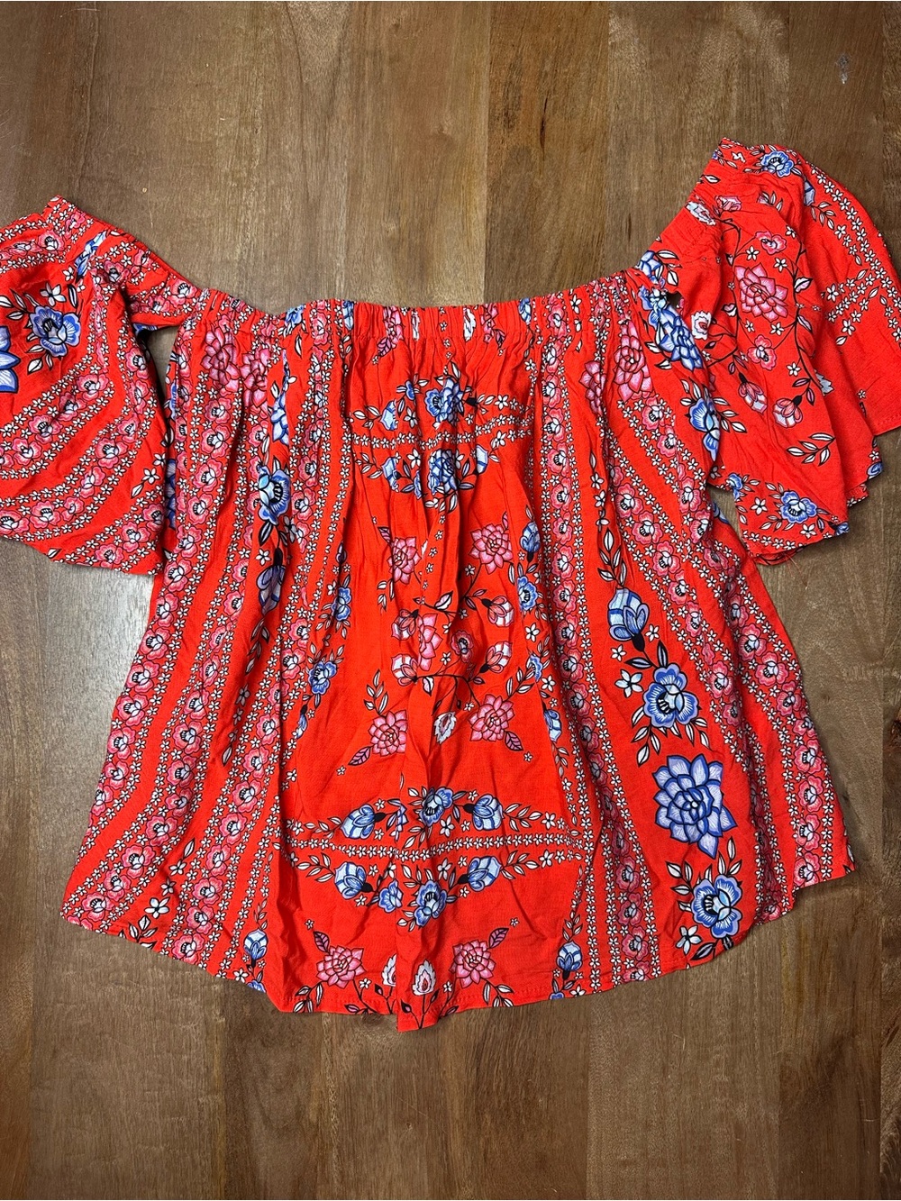 Jaase Red Floral Off-Shoulder Blouse with Blue Accents
